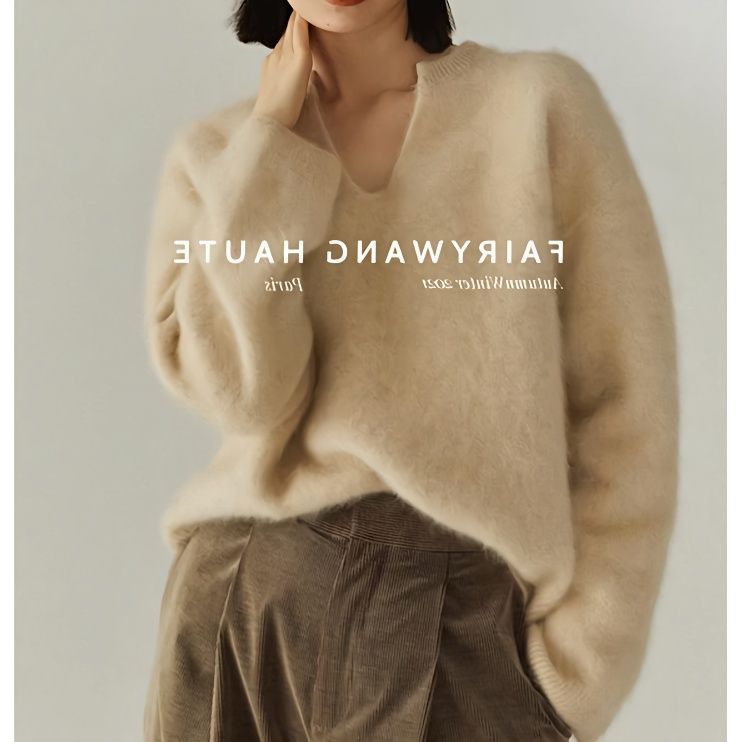 Mädchen-Pullover, weich und flauschig, mit Innenfutter aus Nerzsamt, V-Ausschnitt, gestrickt, für Damen, Herbst/Winter, dick gefüttert, hochwertiger europäischer Stil_voghion.com