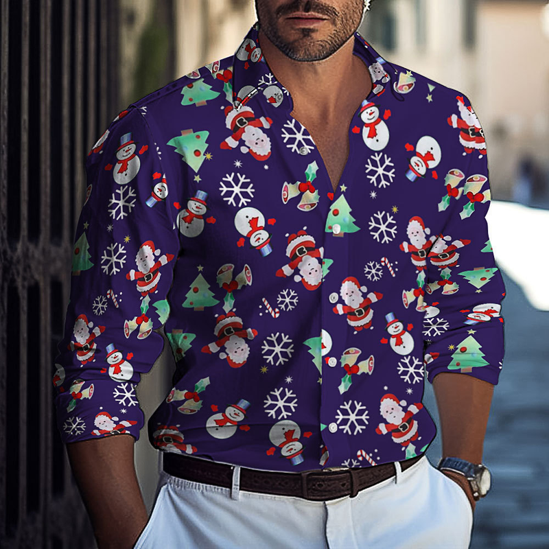 Nuova camicia casual slim fit a maniche lunghe con stampa digitale a risvolto, nuova di Natale, camicia multicolore per uomo_voghion.com