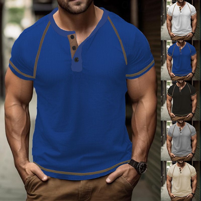 Large round neck buckle men's summer solid oversized waffle casual Henry T_voghion.com