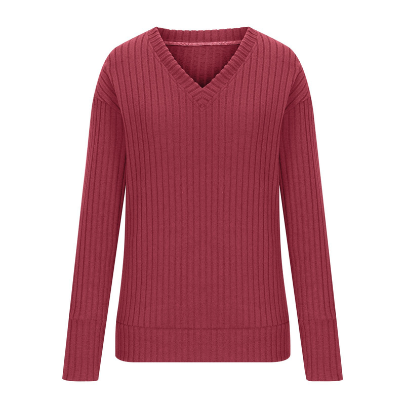 Maglietta da donna a maniche lunghe con scollo a V e lavorazione a coste in maglia spazzolata 2025_voghion.com