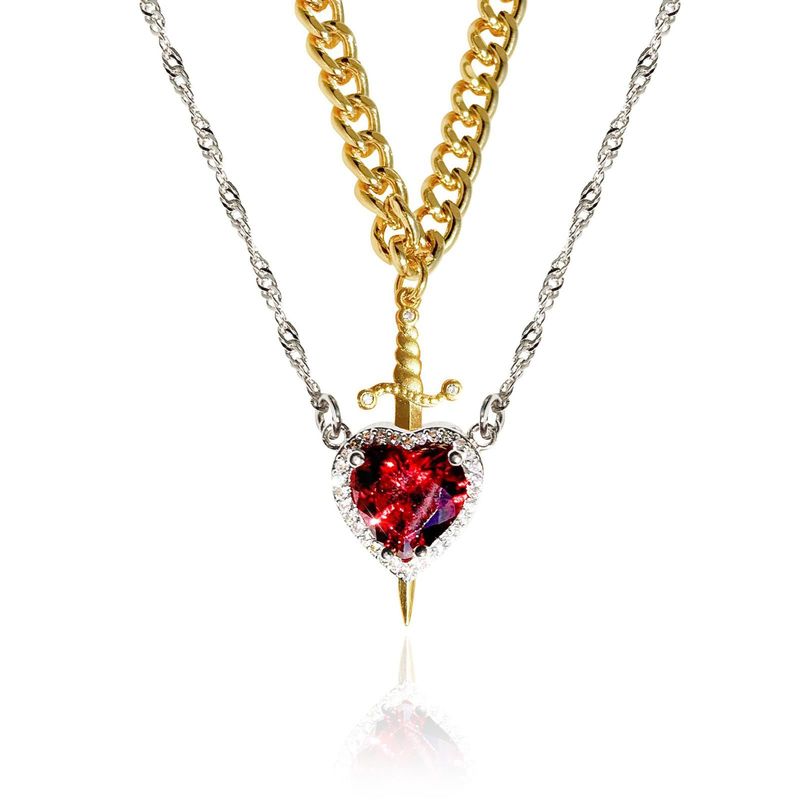 Collana e anello in acciaio inossidabile con cuore e spada, catena con onde d'acqua e zirconi, squisita idea regalo per San Valentino_voghion.com