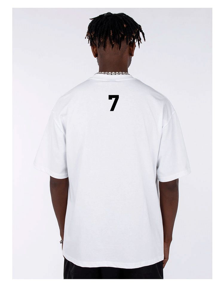 vêtements pour hommes Heavy Xinjiang Cotton Numéro 7 Imprimé Américain Petit Col T-shirt à Manches Courtes pour Hommes et Femmes High Street Lâche Demi-Manches_voghion.com