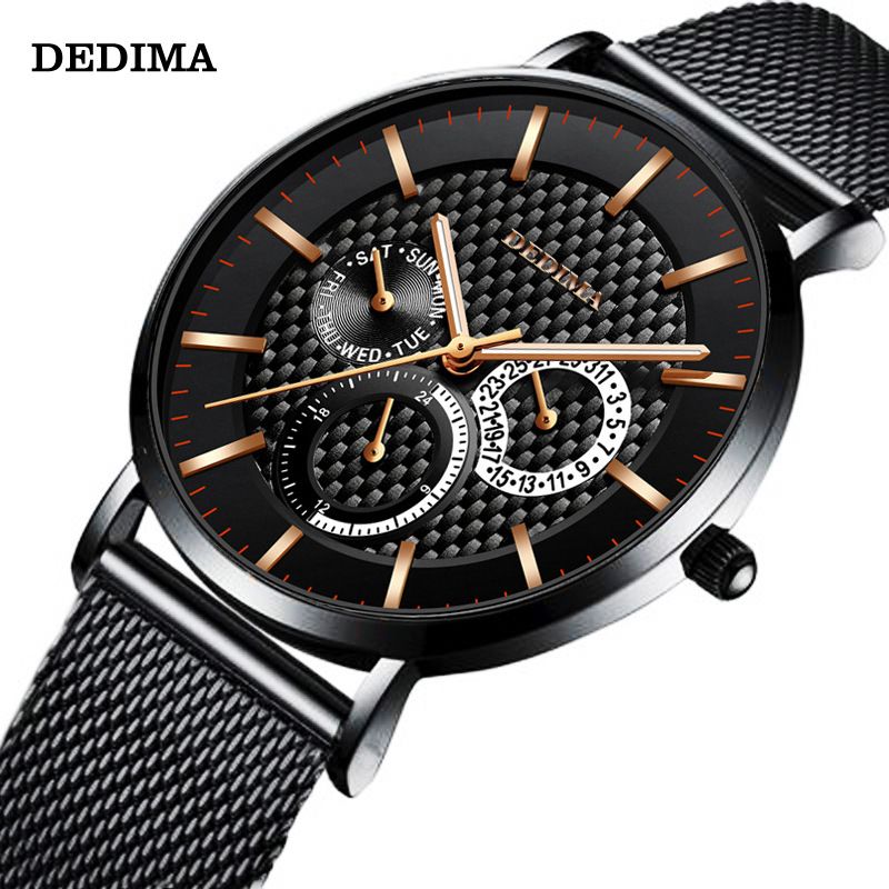 Reloj Detima Fashion ultrafino con tres esferas y seis agujas, multifuncional, con correa de malla de acero_voghion.com