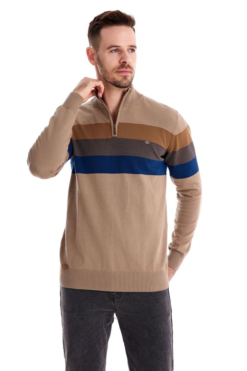 Modischer Herbst- und Winter-Halbreißverschluss-Herrenpullover mit gestreiftem Patchwork-Pullover_voghion.com