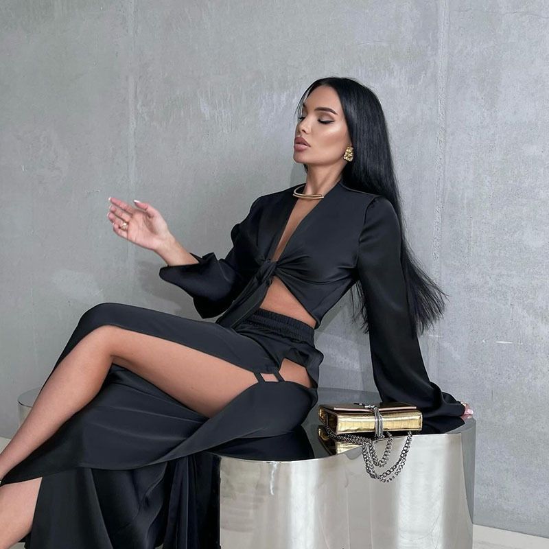 10756 Women's Fashion Sleeve Tie Short Top Hollow Out Split Long Pants Elegant Two-Piece Set_voghion.com