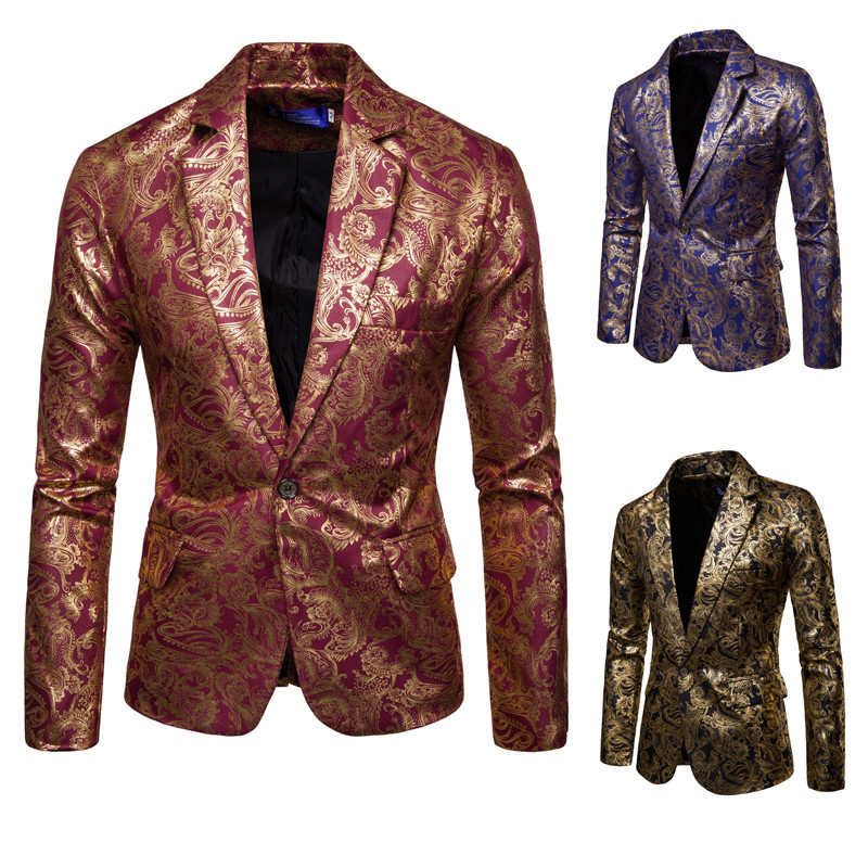 CT Men's 2025 Autumn Winter New Shiny Gold Foil Printed Groomsmen Tuxedo Performance Suit Slim Fit Trendy Blazer_voghion.com
