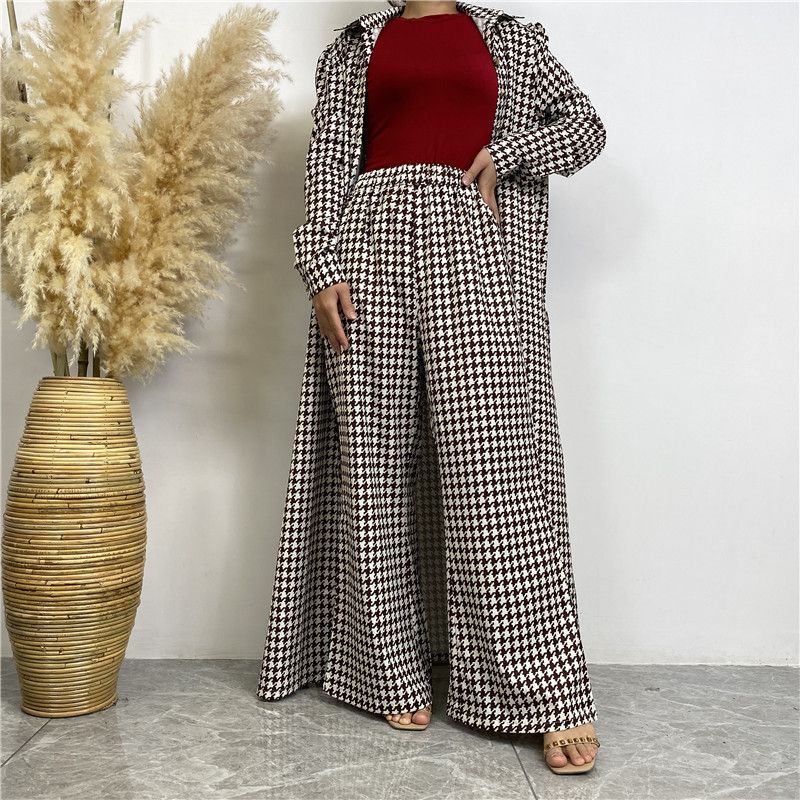 Conjunto de 2 piezas de cárdigan largo con botones de satén estampado a la moda y pantalones con bolsillo 6674_voghion.com