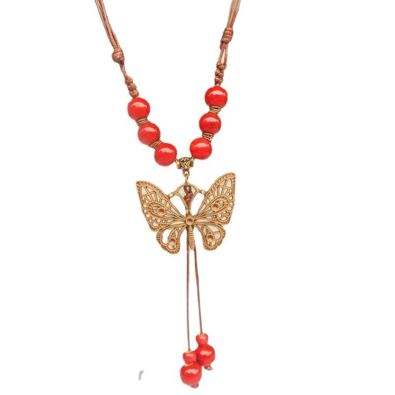 Collana lunga in ceramica etnica reale per donna con ciondolo antico in stile cinese a forma di farfalla_voghion.com