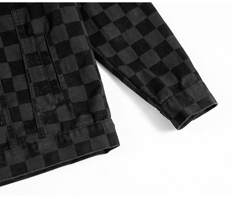 Herren Jeansjacke mit Karomuster, lässig, locker, kariert, schwarzer Mantel mit langen Ärmeln_voghion.com