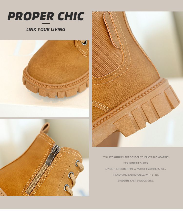 Bottines courtes pour mère et enfant | Bottines épaisses tendance pour filles | Bottes en cuir tendance pour enfants | Fermeture éclair latérale | 3-12 ans | Noir et marron clair_voghion.com