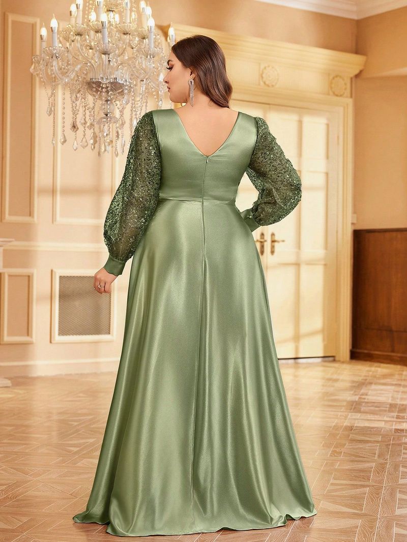 Elegant Plus Size Satin V-Neck Long Sleeve Evening Dress With Sequins, Formal Gown For Women, Available In Green & Navy Blue_voghion.com