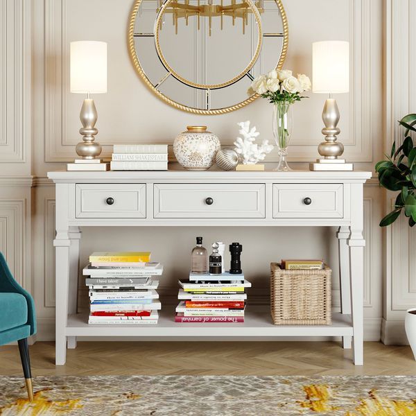 Classic Retro Style Console Table With Three Top Drawers And Open Style Bottom Shelf,Easy Assembly_voghion.com