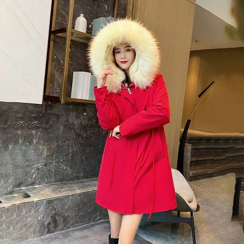 Parka invernale da donna con collo staccabile in pelliccia sintetica di volpe e fodera in visone, lunghezza lunga/regolare, capospalla elegante e caldo._voghion.com