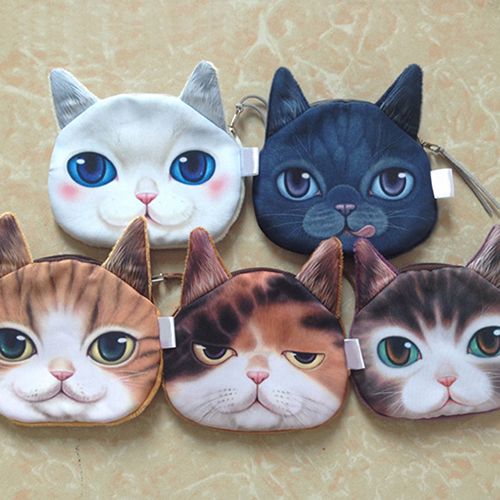Lihao Zabawny Kot Twarz Głowa Odcisk Mini Portfel Portfel Torebka Na Monety Zamek Błyskawiczny Prezent Dla Dzieci-Biały_voghion.com