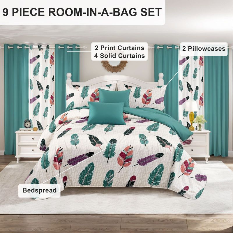 9 Piece Soft All-Season Washed Microfiber Cover Set , Queen/King/Calking Bedding Set With Pillowcases,Bedspread Print Curtains & Solid Curtains,Print, Moisture-Wicking, Soft ,Cooling, Easy Care_voghion.com