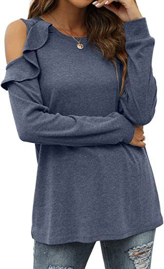 Top oversize da donna in maglia con spalle scoperte e orlo arricciato - Maglione casual in morbido misto cotone per autunno inverno_voghion.com