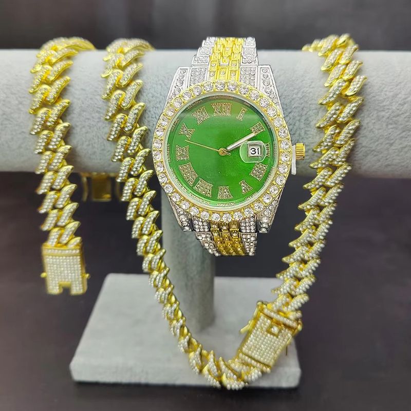 Hip Hop Quartz Men's Watch With Cuban Link Bracelet & Necklace Set - Stylish Square Dial Alloy Wristwatch For Men_voghion.com