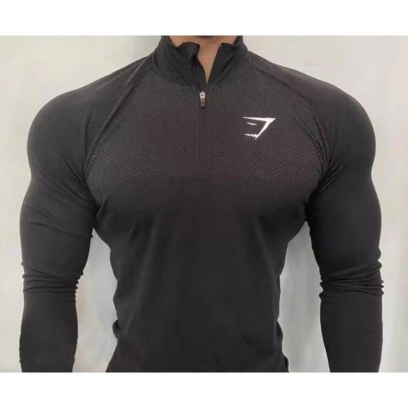 Maglietta sportiva da uomo in stile americano, per allenamento, ciclismo e corsa, vestibilità slim, con cerniera elastica, a maniche lunghe_voghion.com