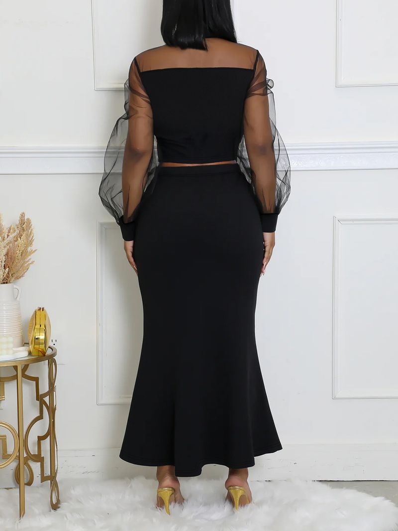 Abbigliamento da donna Moda femminile Eleganti top con giunture in rete Gonne lunghe tailleur_voghion.com