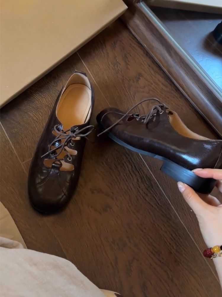 Lancui Damen Mary Jane Flache Schuhe mit flachem Mund und Schnürung im britischen Stil mit niedrigem Absatz und runder Zehenpartie_voghion.com