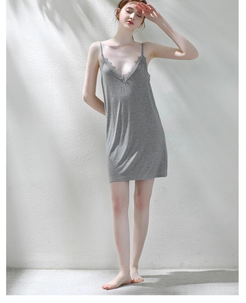 Plus-Size Elegance: Sleeveless V-neck Suspender Pajama Skirt, Pure Lace Splicing, Summer Thin Style For Curvy Women Up To 150kg_voghion.com