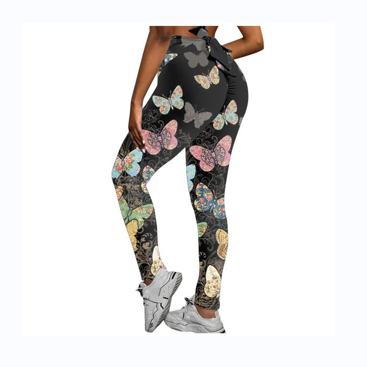 Pantaloni da yoga da yoga da donna con stampa multicolore antirughe sull'anca, dimagranti a vita alta, con fiocco elasticizzato_voghion.com