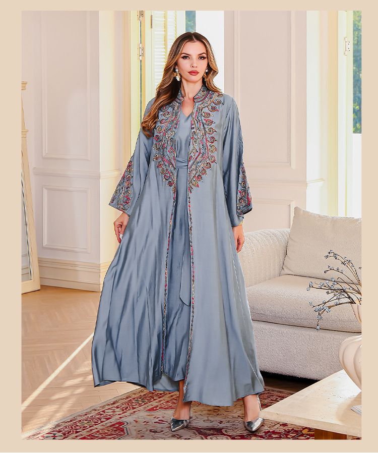 Luxuriöses besticktes Abaya-Kleiderset – schlichtes zweiteiliges muslimisches Abendkleid mit Kordelstickerei (M-XXL, Rosa/Blau)_voghion.com