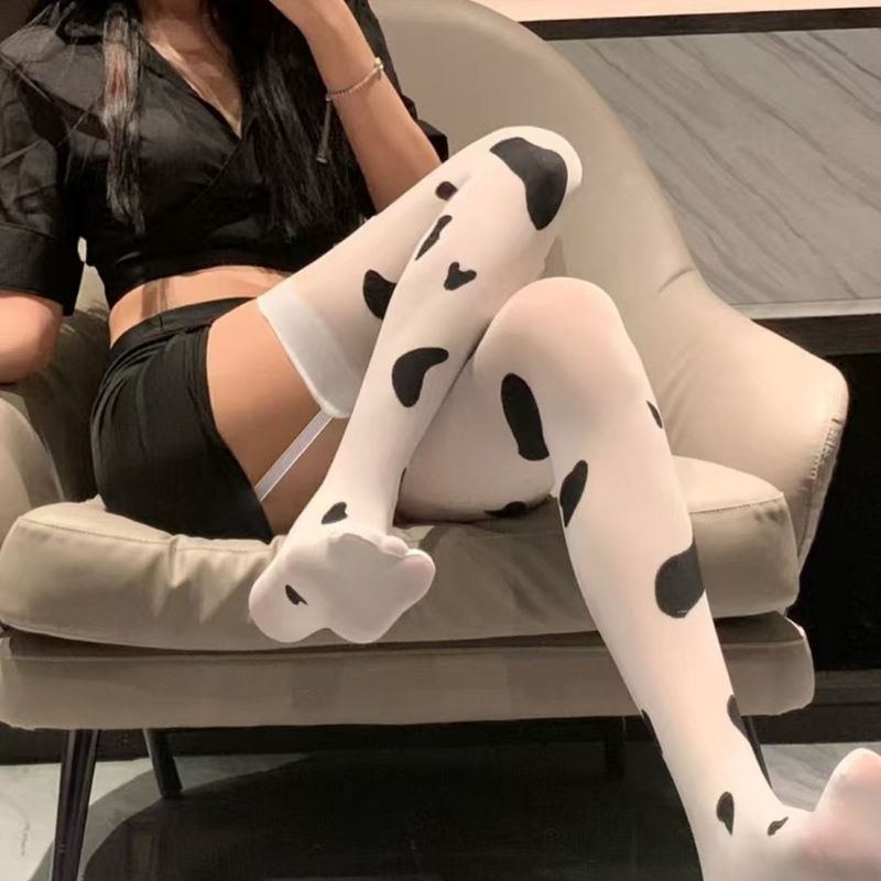 Overknee-Suppender-Strümpfe mit Kuhmuster für Frauen, dünn, süß, schwarz-weiß gefleckt, sexy, lange Oberschenkel_voghion.com