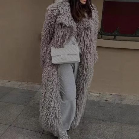 Abrigo largo de felpa para mujer, chaqueta cálida de invierno de piel sintética gris, elegante prenda exterior para ocasiones sociales de otoño e invierno._voghion.com