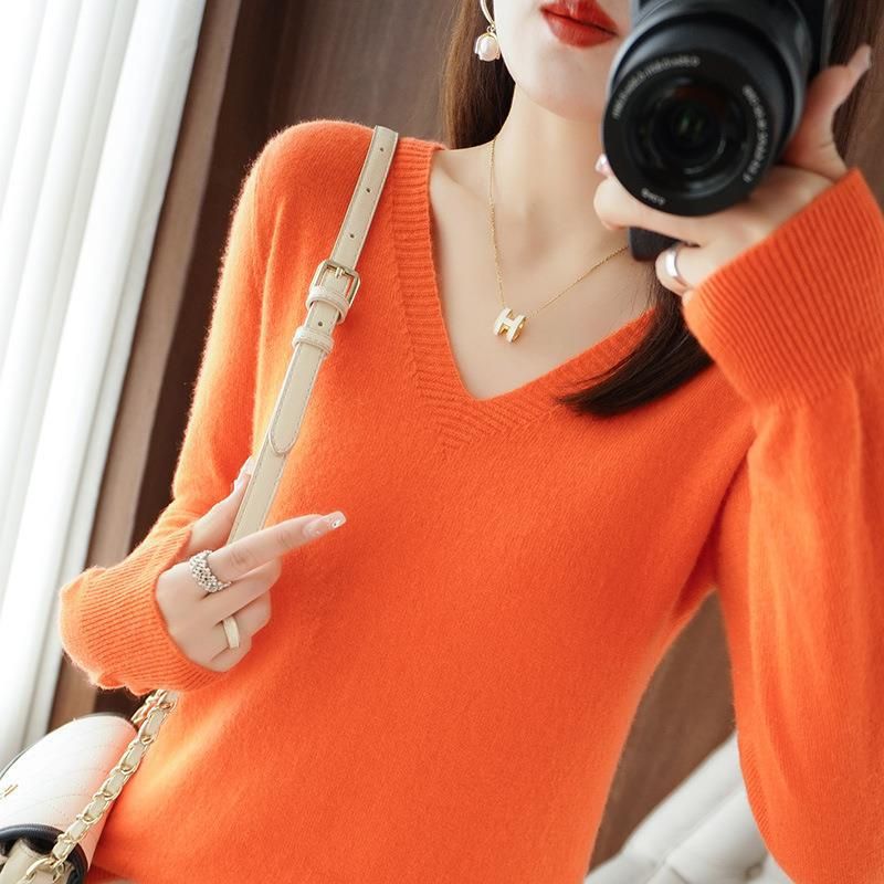 Maglione con scollo a V, nuovo stile coreano, stile autunno inverno, strato interno per cappotto da donna, maglione ampio, tinta unita, maglia di base_voghion.com