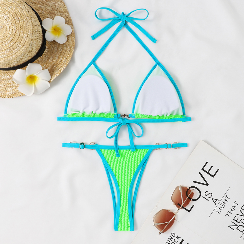 String trois points sexy bikini perle métal vague motif couleur contrastante bikini_voghion.com