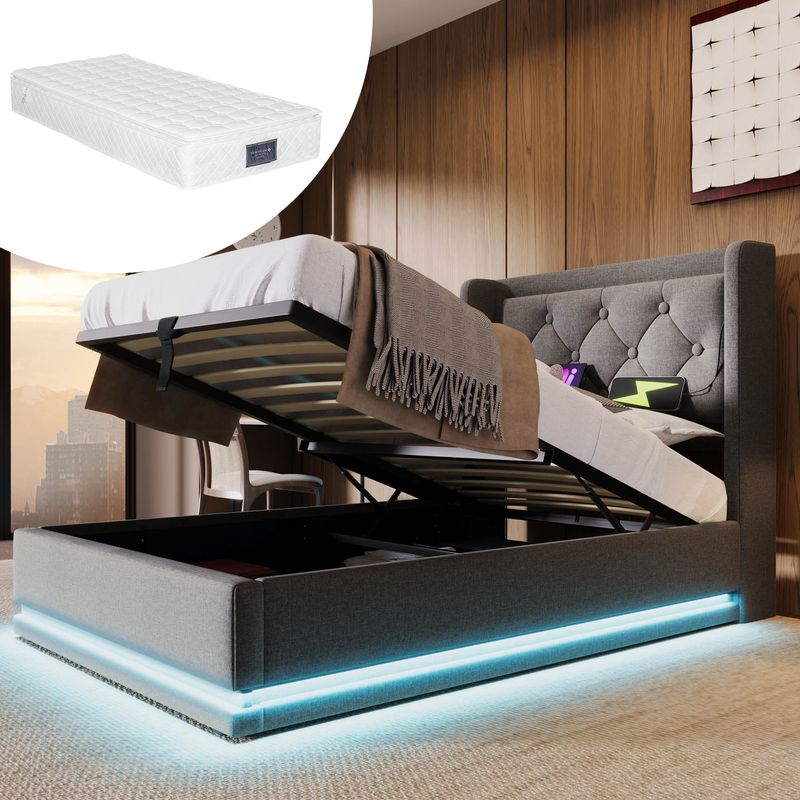 Polsterbett Doppelbett 90*200 Cm,Grau Baumwolle-Material Hydraulisches Stauraumbett, Gepolstertes Kopfteil Mit USB Typ-C Ladefunktion, 3-seitige LED-Funktion(Mit Matratze)_voghion.com