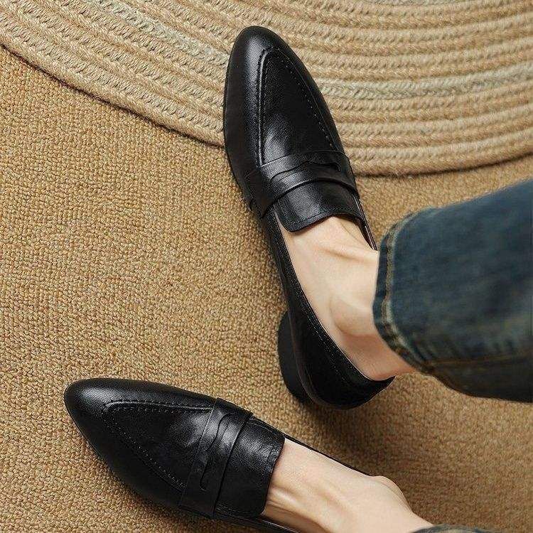 Black Pointed Toe Women's Leather Professional Work Commute Flat Loafers Interview Spring Autumn British Style Single_voghion.com