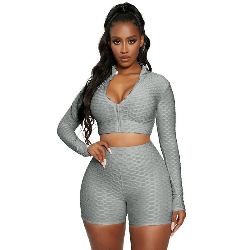 Trendy effen trainingspak met ananasprint voor dames – bijpassende casual outfit met lange mouwen (S/M/L/XL/XXL)_voghion.com