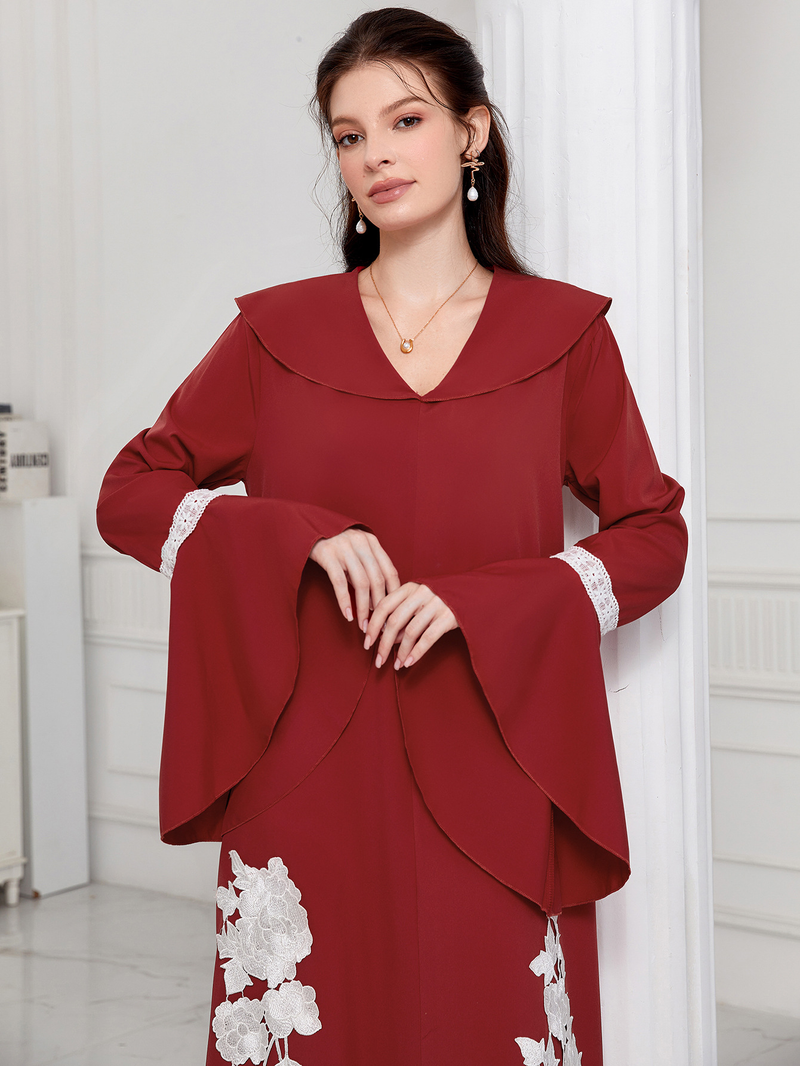 Abito da donna ricamato con scollo a V e maniche svasate_voghion.com
