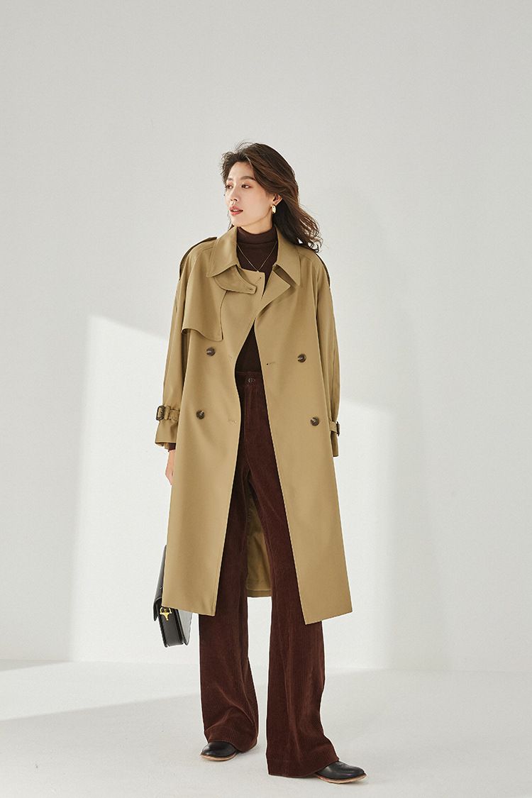 Shenghong 25 Wiosna Nowy Elegancki Szykowny Klasyczny Dojazdy Wyszczuplający Codzienny Casual Średniej Długości Trencz 13301_voghion.com