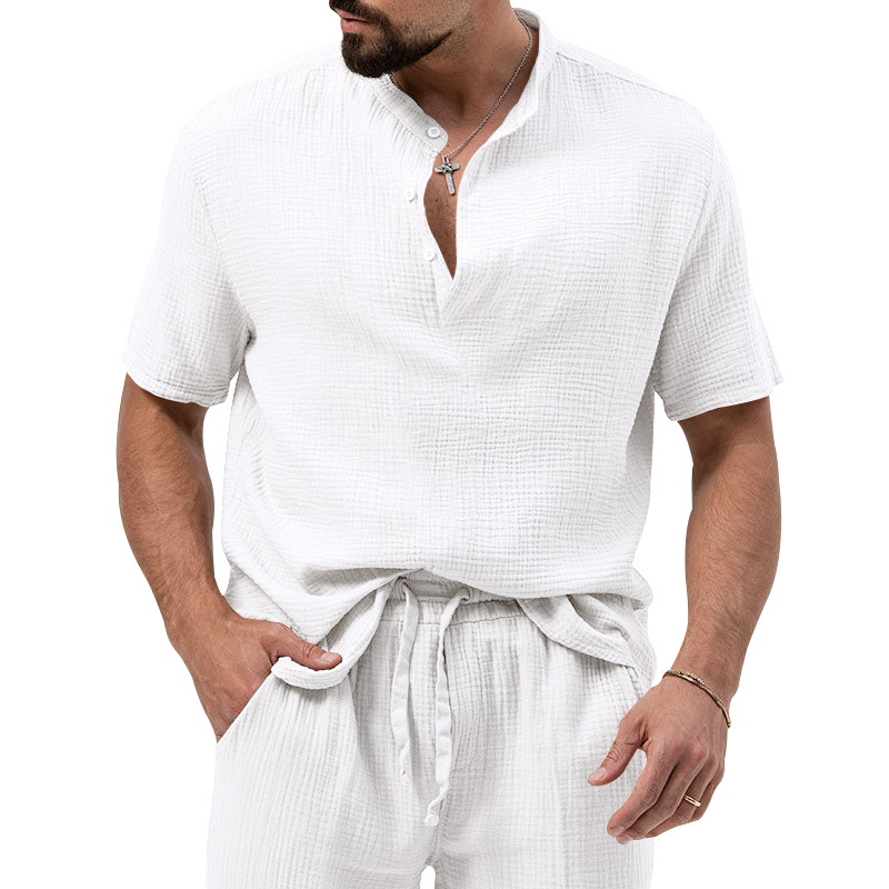 Maglietta estiva da uomo con colletto alla coreana, manica corta, leggera e casual, modello Bubble Fabric 2023_voghion.com