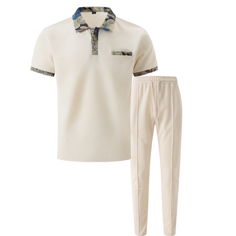 Roupas masculinas com lapela waffle e bolsos combinando, calças de manga curta, terno casual_voghion.com