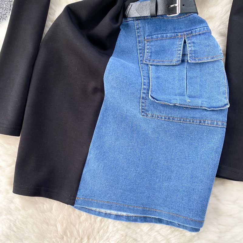 Women's Clothing 2024 Spring Women's Design Sense Contrast Color Stitching Niche Zipper Slim Short Denim Hip Skirt Dress Women_voghion.com