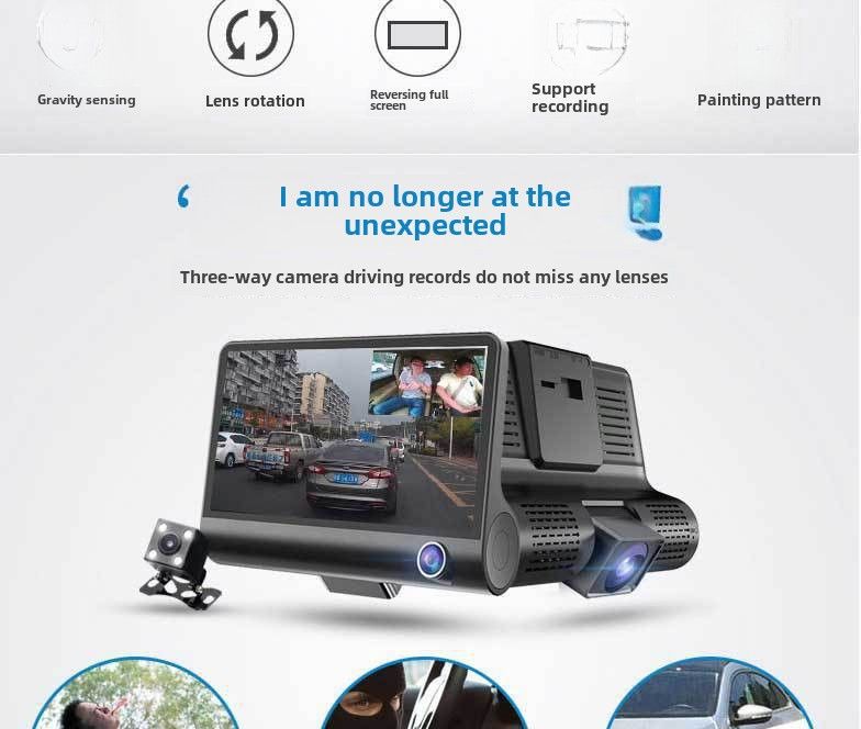 Drei-Wege-Fahrtenrekorder mit drei Objektiven. Gleichzeitig nimmt das vorausfahrende Auto hochauflösende Weitwinkel-Rückfahrbilder mit Nachtsicht auf._voghion.com