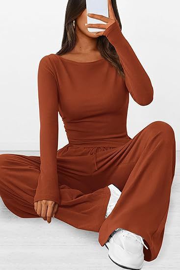 Trendy Asymmetrical Long Sleeve T-Shirt & Wide-Leg Pants Set - Fall Casual Outfit, Comfortable Polyester Blend, Multiple Colors & Sizes_voghion.com