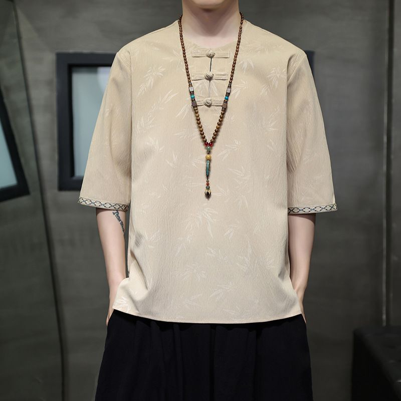 Sommermode im chinesischen Stil, Rundhalsausschnitt, Pan-Knopf, mittellanges T-Shirt, lässig, schmale Passform, großes Hanfu-Tang-Kleid_voghion.com