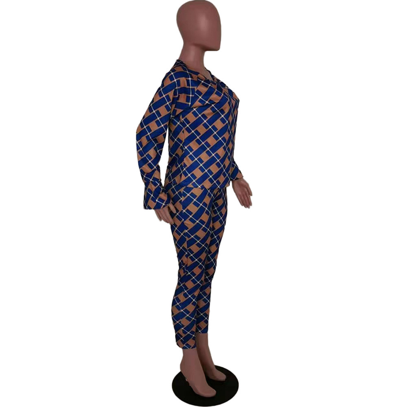 Explosieve losse blouse met lange mouwen en geruite broek, tweedelige set_voghion.com