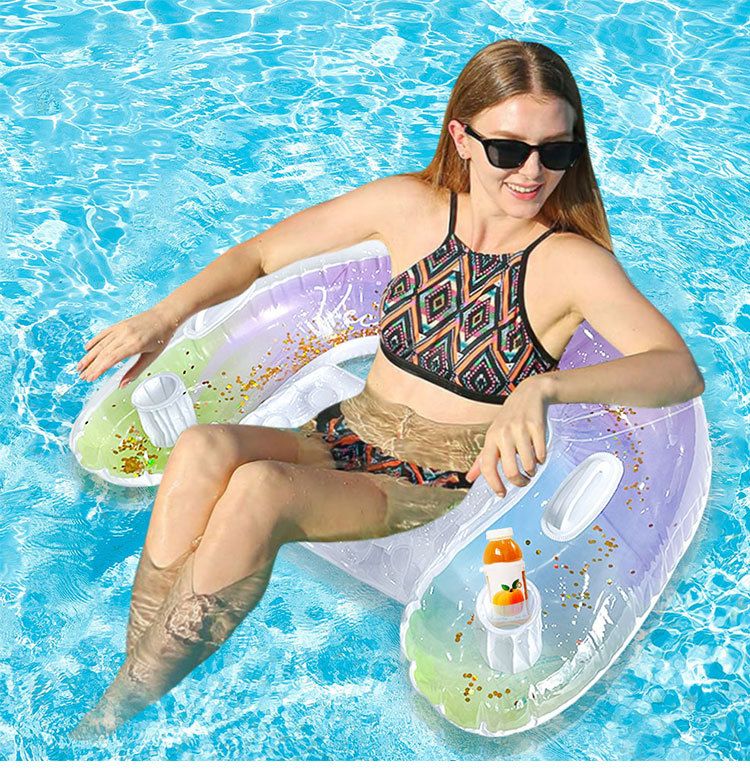 Șezlong plutitor gonflabil în formă de U cu sclipici acuarelă, cu suport pentru pahare, fotoliu reclinabil cu mai multe poziții pentru piscină și plajă_voghion.com