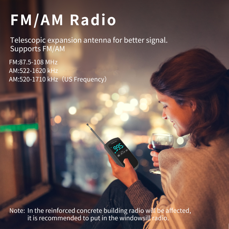 Radio de bolsillo con reloj despertador, miniauricular FM, estéreo personal, recargable, para exteriores, con movimiento AM, para transmisión del tiempo_voghion.com