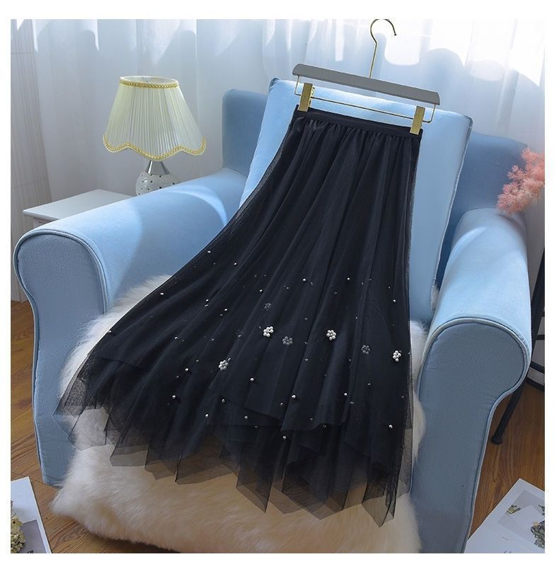 neuer High-End-Mode-Rock aus mittellanger Feengaze mit Perlen besetztem Netzgazerock für Damen_voghion.com