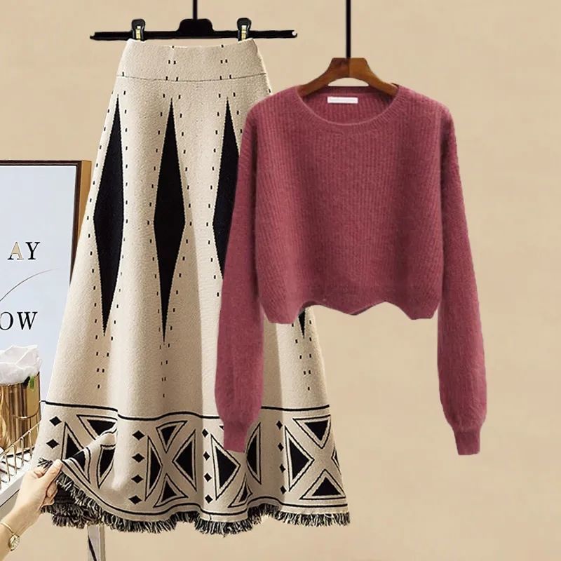 Women's Clothing Plus Size Autumn Suits Age Reducing Wavy Edge Short Sweater Slim Skirt Two Piece Suit_voghion.com