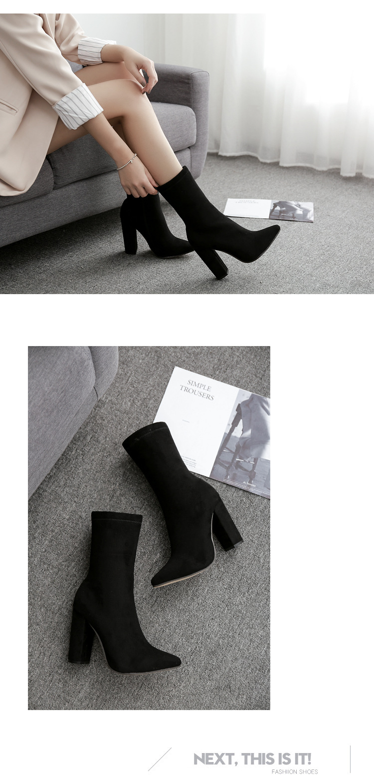 Damen neue Damenschuhe spitze Zehen dicker Absatz Stiefeletten High Heel kurze Stiefel_voghion.com