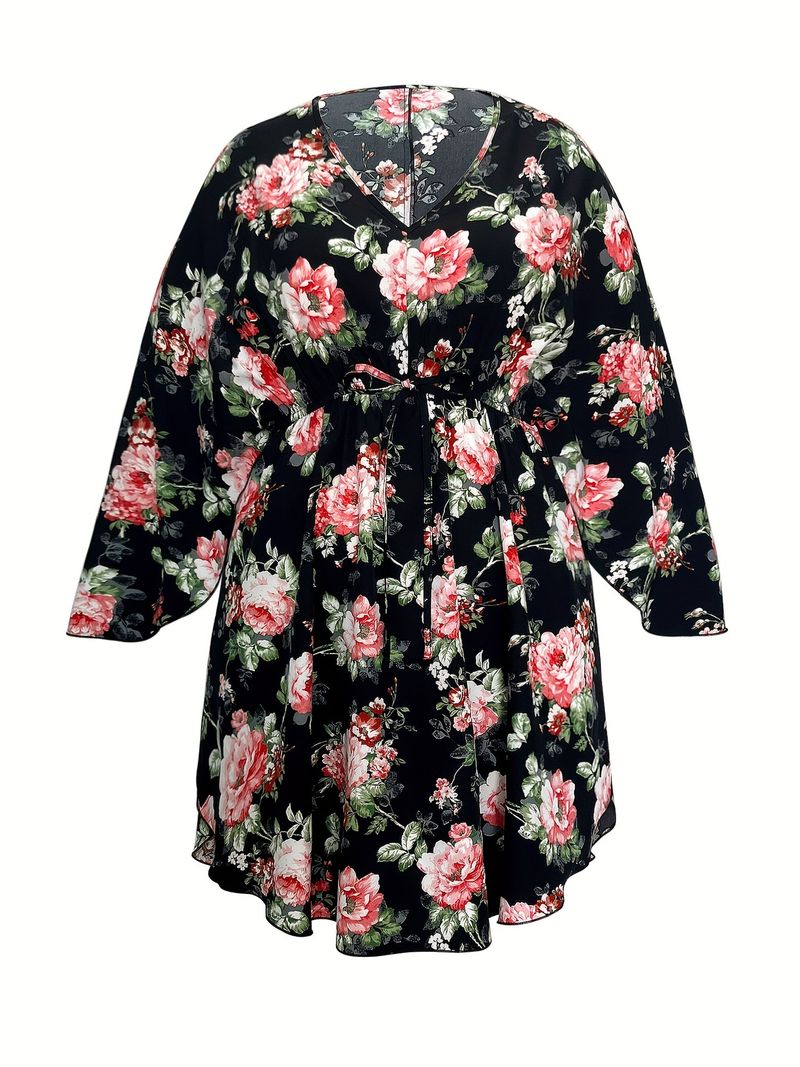 Vestido elegante de talla grande con estampado floral, manga larga, talla grande, para vacaciones de primavera y verano, mangas sueltas con forma de hoja de loto, falda de largo medio en forma de A_voghion.com