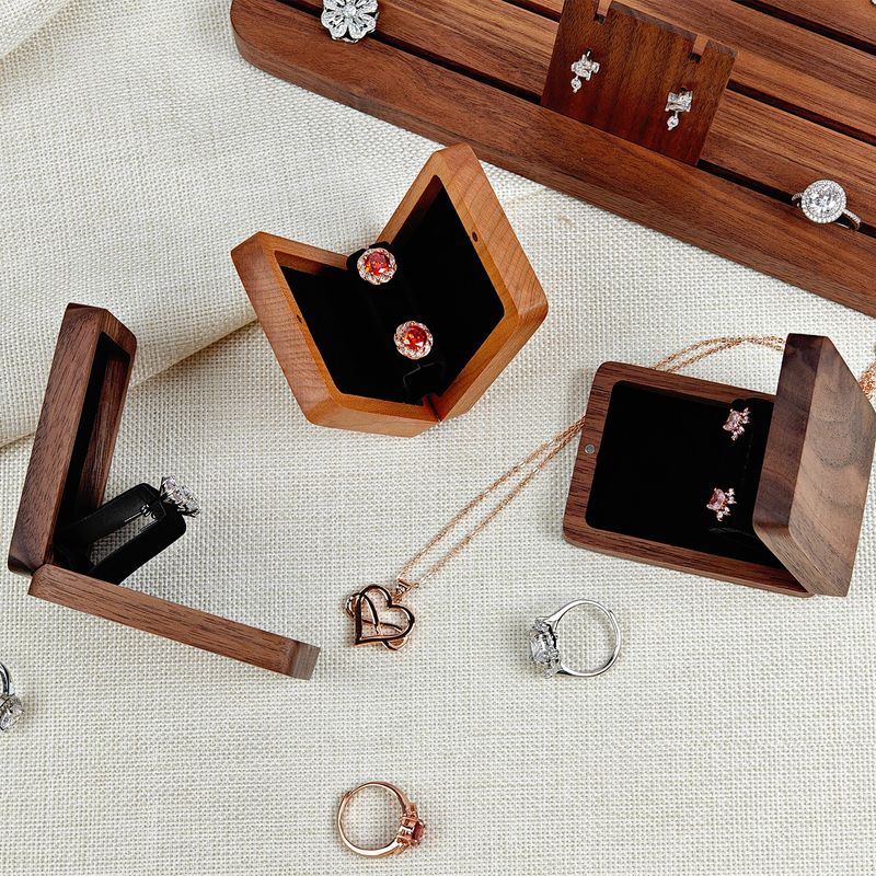 Ring Earring Rotating Display Black Walnut Wooden Storage Hand Jewelry Box_voghion.com